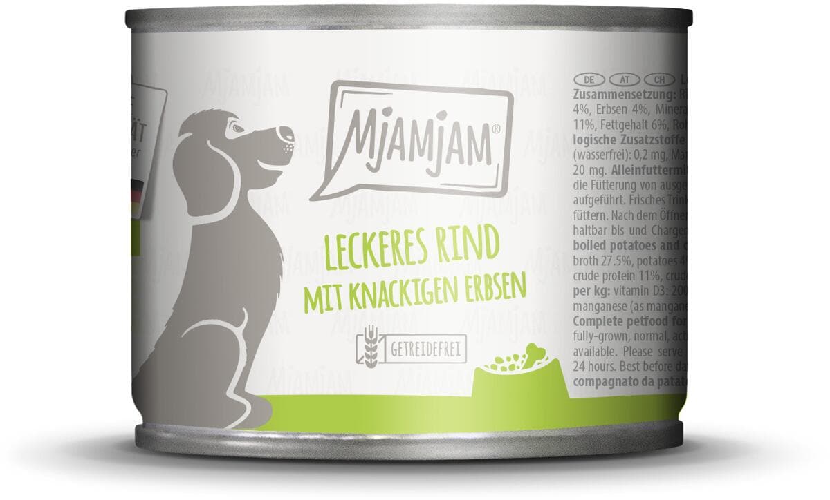 Mjamjam Nassfutter mit Rind, Kartoffeln & Erbsen, 6x200g