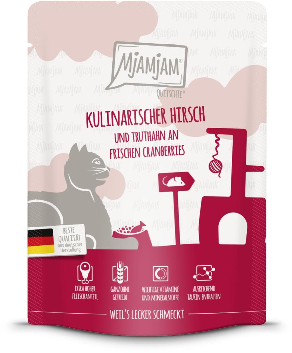 Mjamjam Quetschie Katzenfutter mit Hirsch, Truthahn & Cranberries, 6x300g