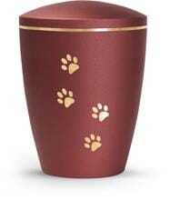 Urna per animali Völsing Patas de Oro Edition, motivi a zampe, finitura dorata spazzolata, velluto rubino, 0,5 L