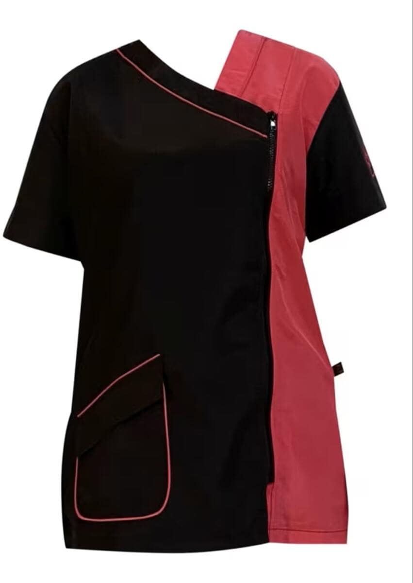 OKDV Salonshirt, kurzarm, schwarz/pink, XL