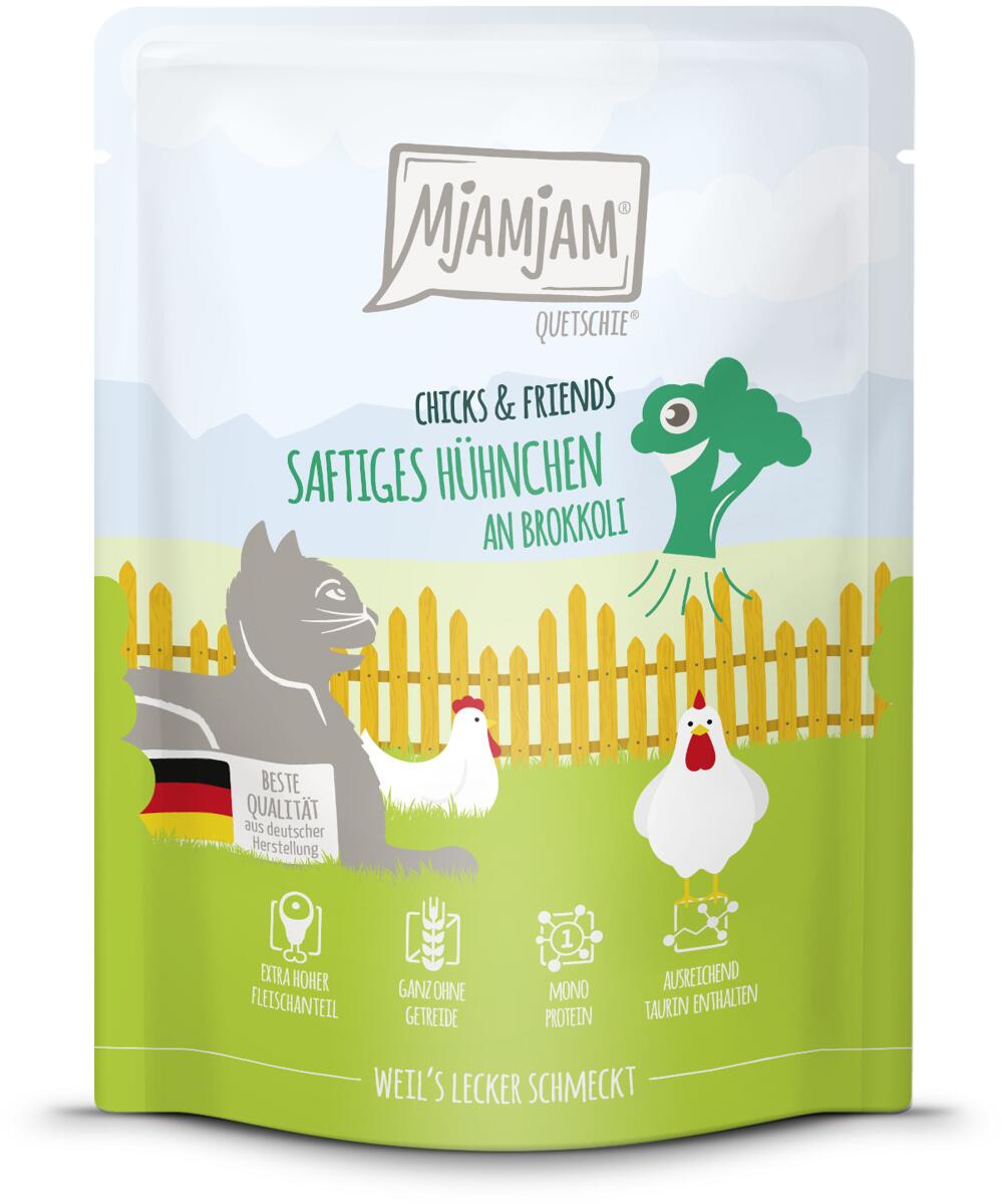 Mjamjam Chicks & Friends Katzenfutter mit Huhn & Brokkoli, 6x300g