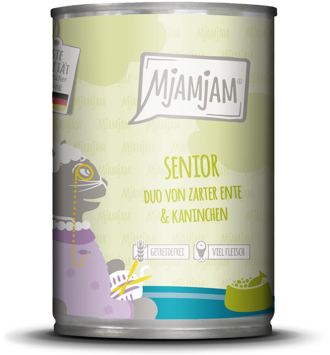 Mjamjam DUO Senior Katzenfutter mit Ente & Kaninchen, 6x400g