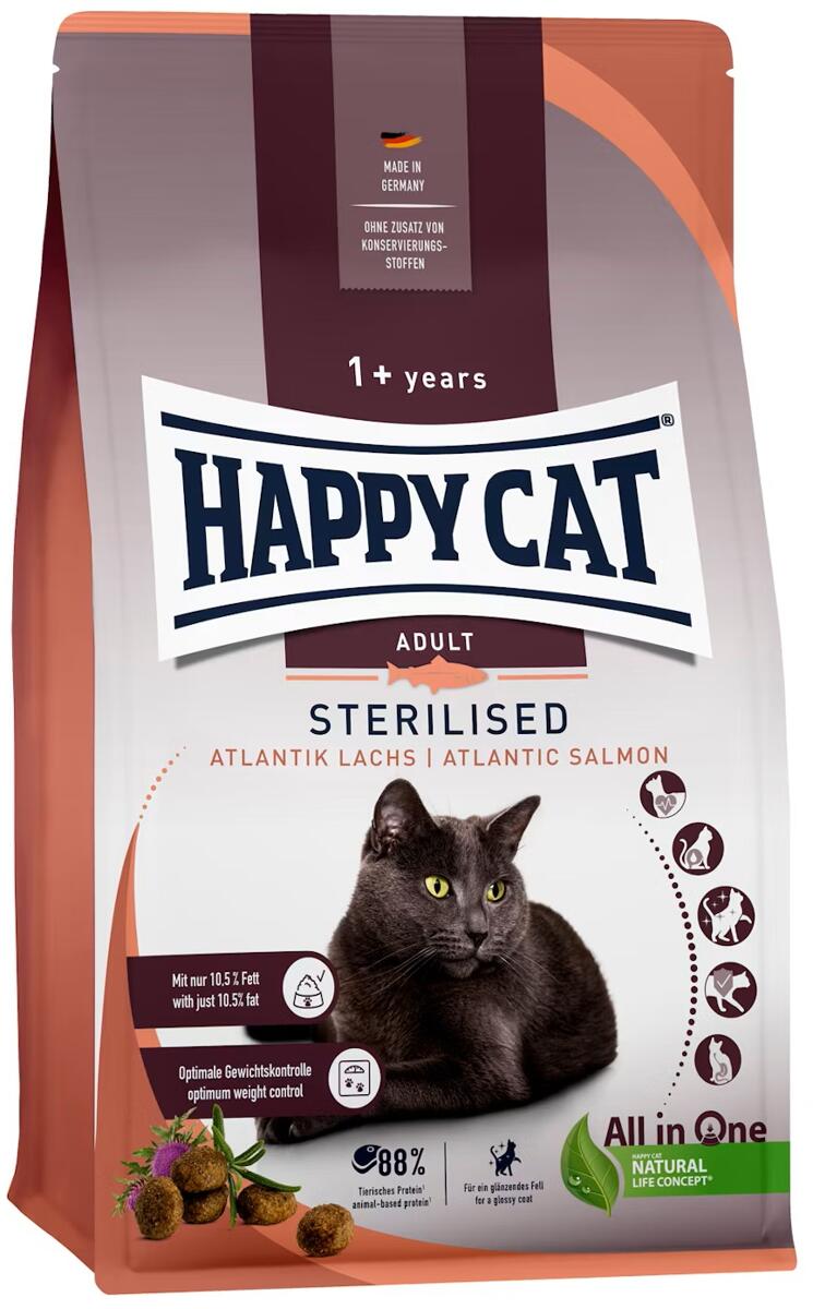 HappyCat Sterilised Trockenfutter, Atlantik Lachs, 1,3kg