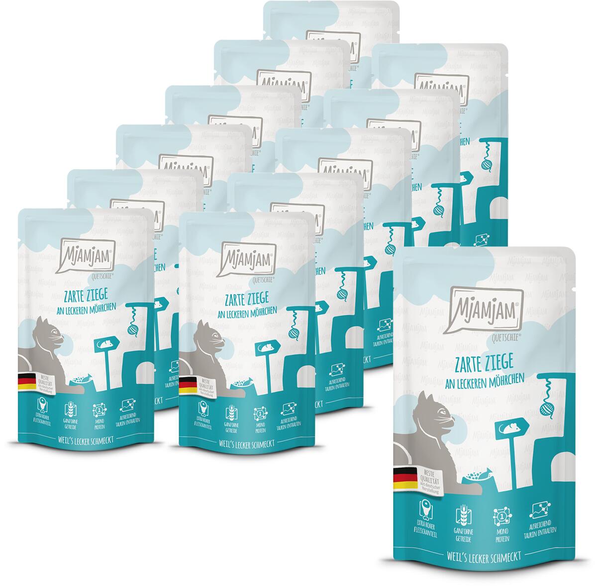 Mjamjam Quetschie Katzenfutter mit Ziege & Möhrchen, 12x125g