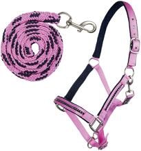 HKM Set cavezza in cristallo con moschettone, fodera morbida, rosa/blu scuro, warmblood