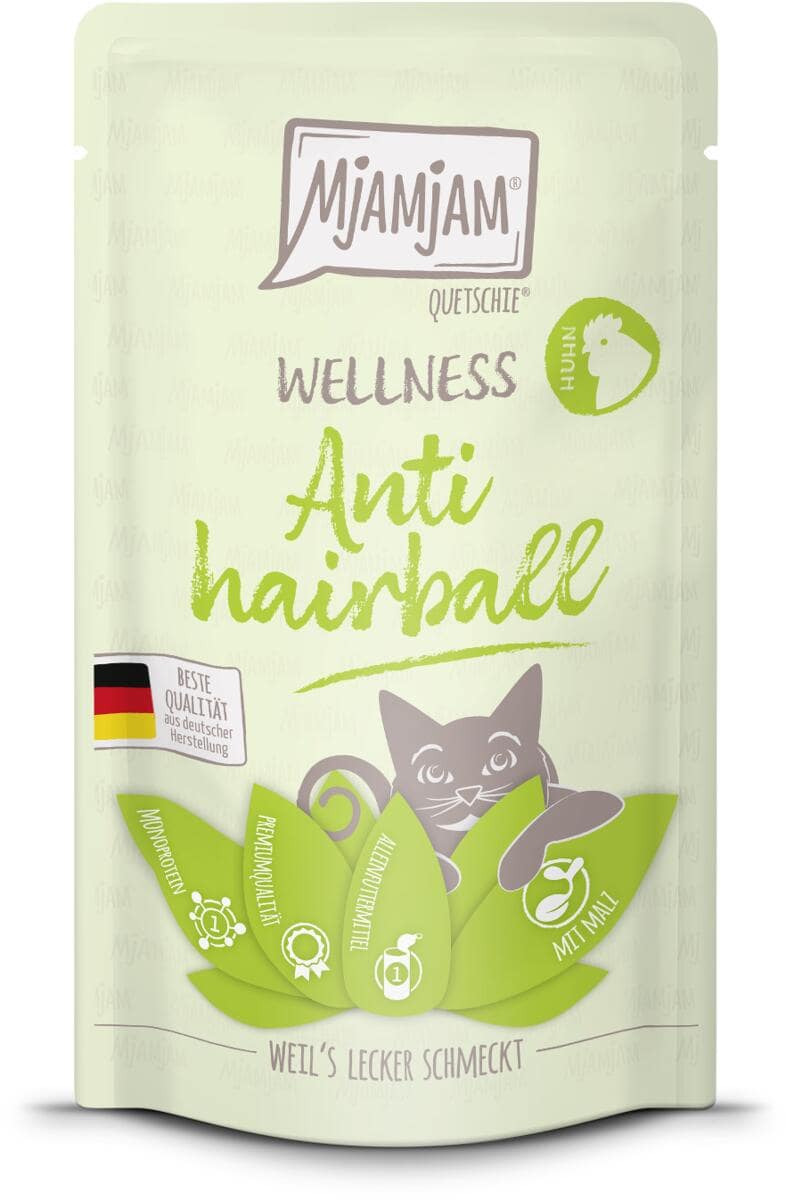 Mjamjam Wellness Anti Hairball Katzenfutter, 12x125g, Huhn