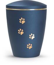 Urna per animali Völsing Patas de Oro Edition, motivi a zampe, finitura dorata spazzolata, velluto blu navy, 2,8 L