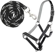 HKM Crystal Halfter-Set mit Karabiner, weich unterlegt, schwarz/grau, Warmblut