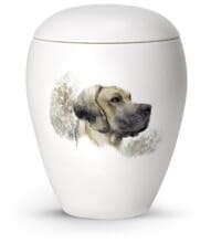 Urna funeraria per animali in ceramica Völsing, smaltata bianco opaco, con motivo di un mastino dipinto a mano, 2,8 L
