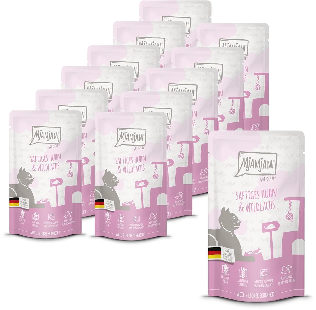 Mjamjam Quetschie Katzenfutter mit Huhn & Wildlachs, 12x125g