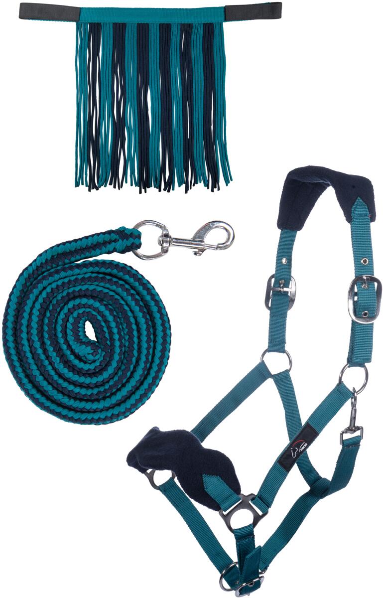 HKM Halfter Set mit Karabiner & Fliegenfransen, petrol/navy, Pony