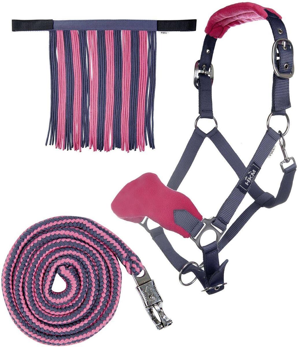 HKM Halfter Set mit Panikhaken & Fliegenfransen, grau/pink, Vollblut