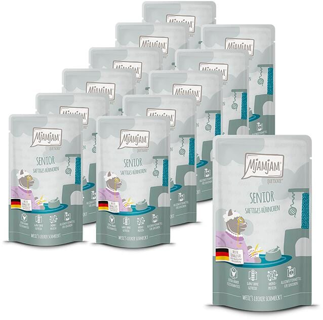 Mjamjam Quetschie Senior Katzenfutter mit Huhn, 12x125g