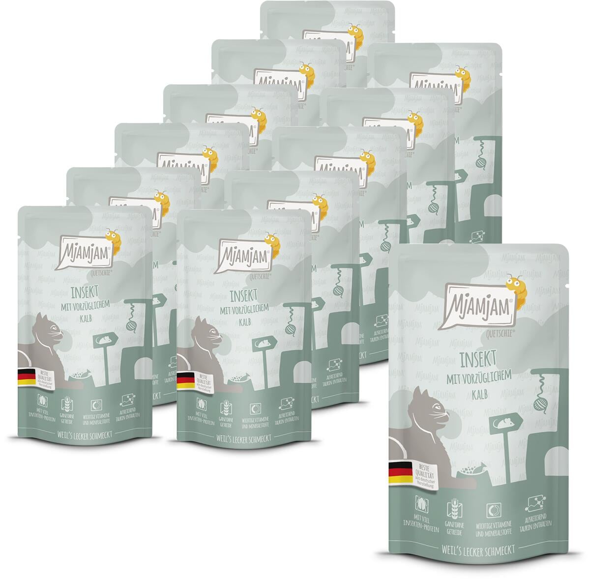 Mjamjam Quetschie Katzenfutter mit Insekten & Kalb, 12x125g