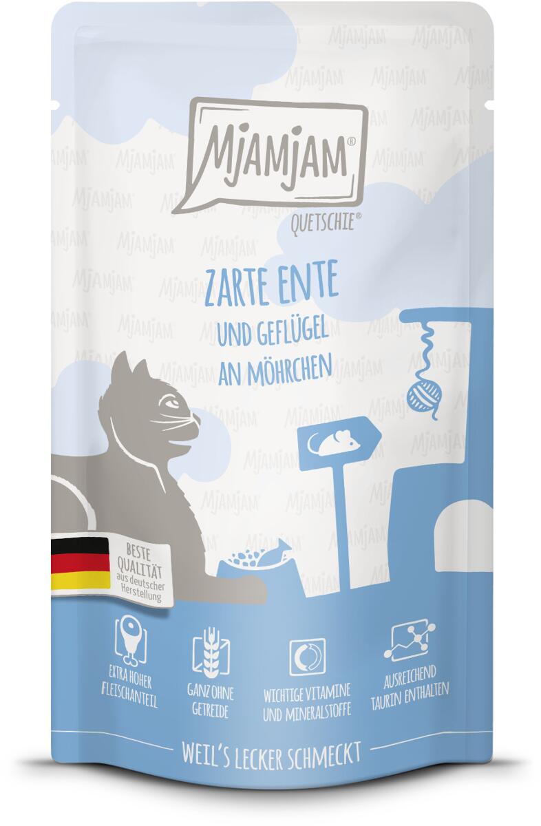 Mjamjam Quetschie Katzenfutter Ente Pur, 12x125g