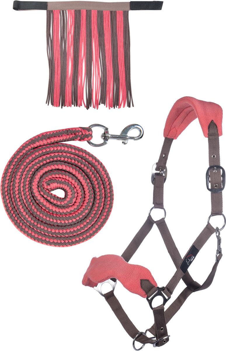 HKM Halfter Set mit Karabiner & Fliegenfransen, mokka/milky pink, Warmblut