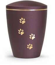Urna per animali Völsing Patas de Oro Edition, motivi a zampe, finitura dorata spazzolata, colore velvet berry, 1,5 L