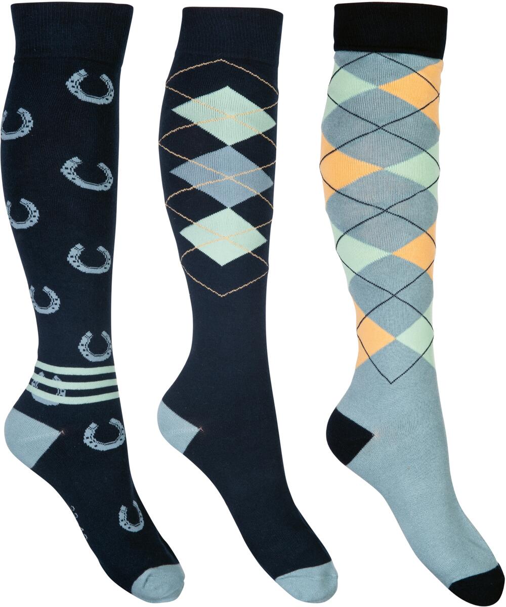 HKM Cardiff Reitsocken, 3er Set, dunkelblau/salbei, 30-34