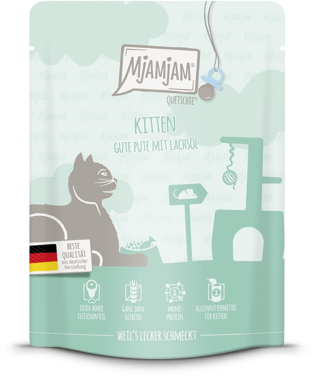 Mjamjam Quetschie Kitten Katzenfutter mit Pute & Lachsöl, 6x300g