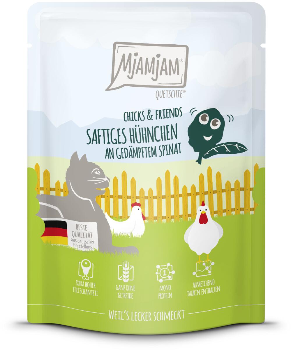 Mjamjam Chicks & Friends Katzenfutter mit Huhn & Spinat, 6x300g