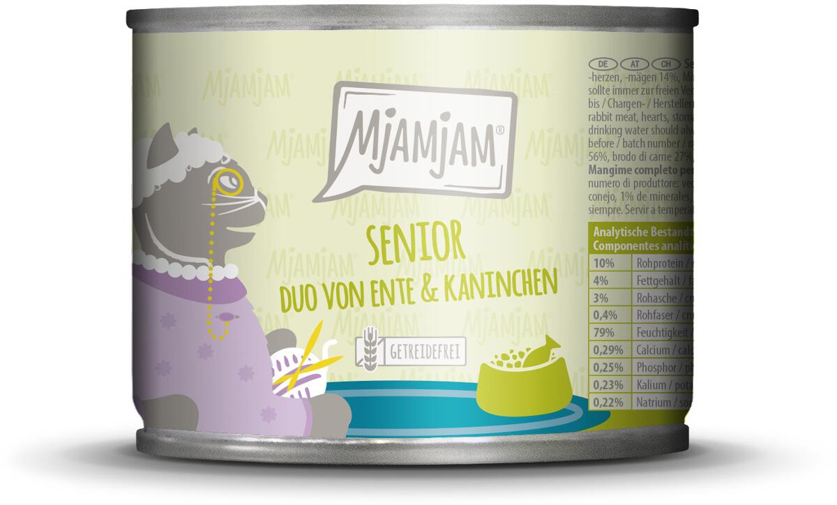 Mjamjam DUO Senior Katzenfutter mit Ente & Kaninchen, 6x200g
