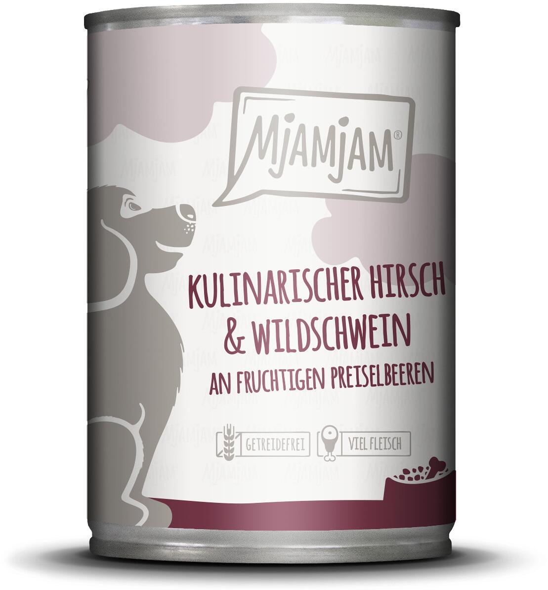 Mjamjam Nassfutter mit Hirsch, Wildschwein & Preiselbeeren, 6x400g