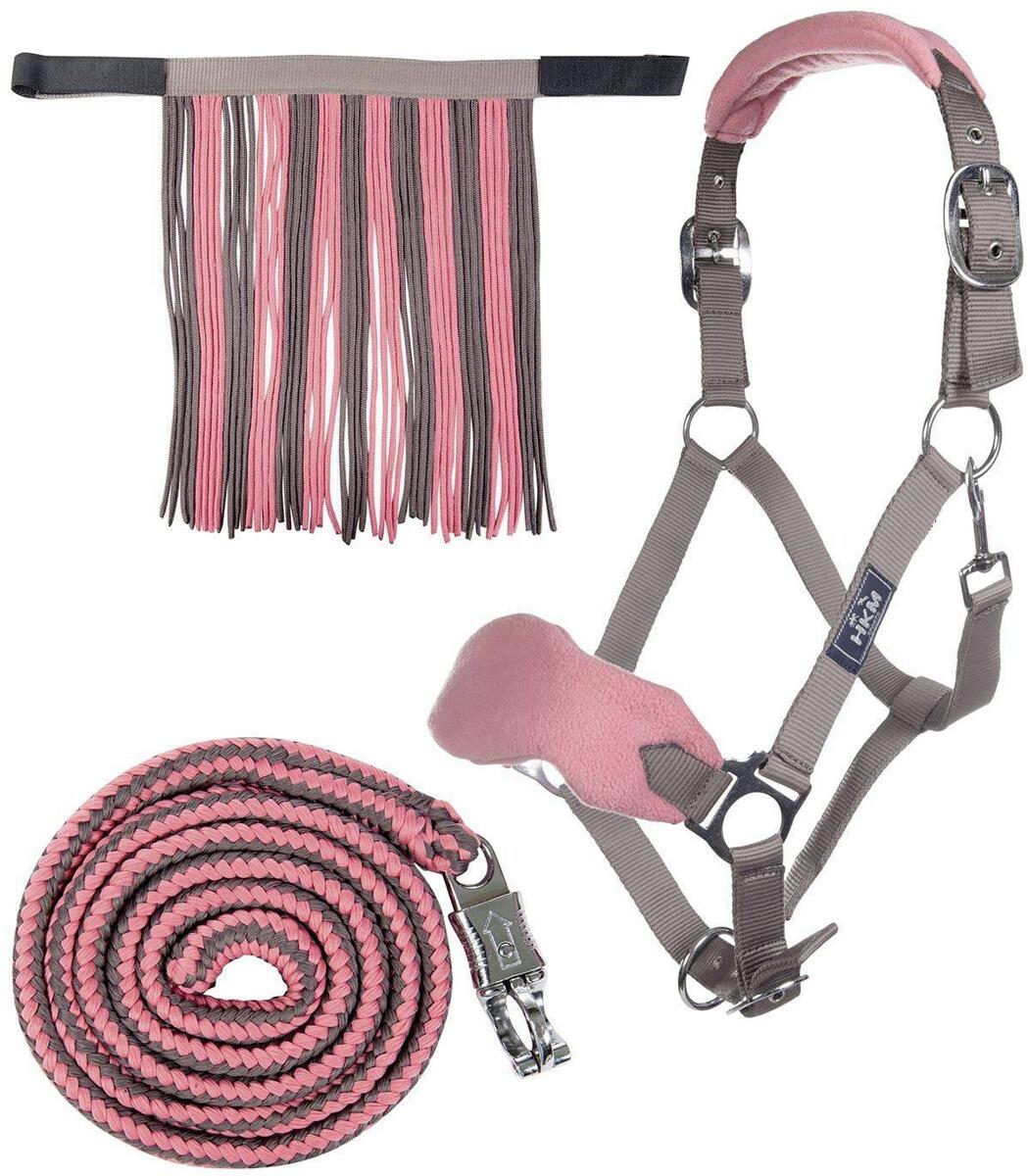 HKM Halfter Set mit Panikhaken & Fliegenfransen, mokka/milky pink, Warmblut