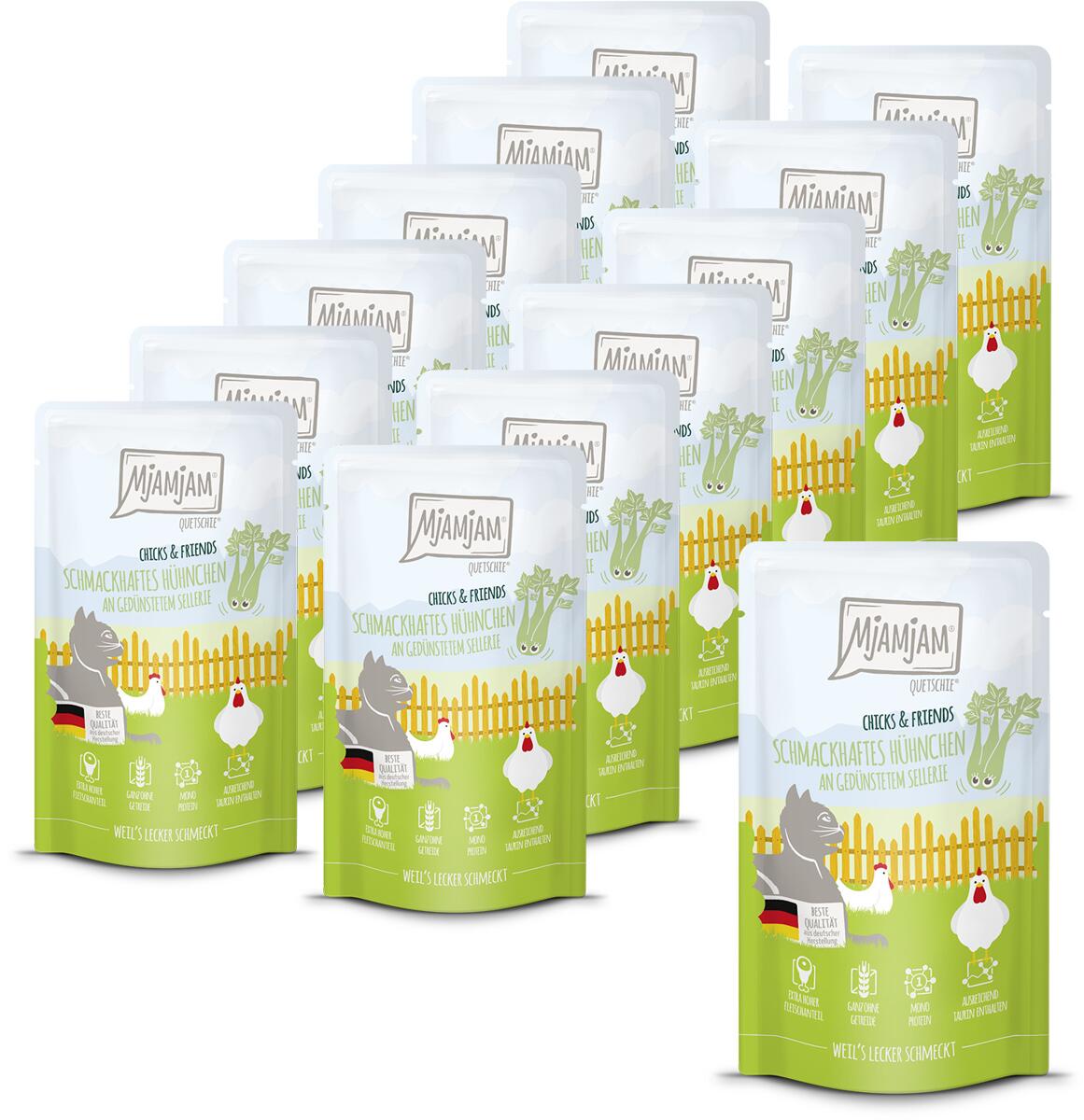 Mjamjam Chicks & Friends Katzenfutter mit Huhn & Sellerie, 12x125g
