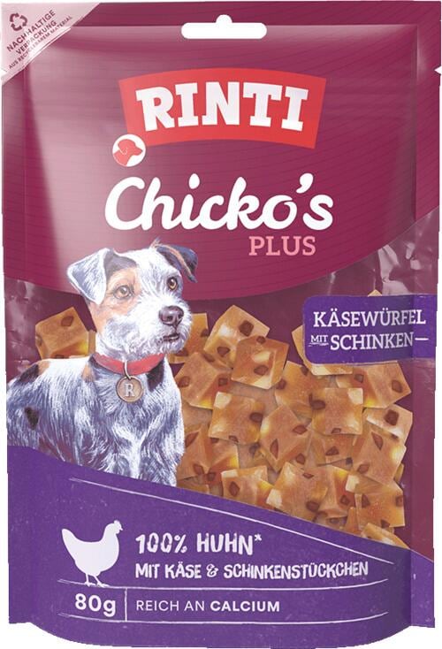 Rinti Chickos Plus Hundesnack mit Käse & Schinkenwürfel, 80g