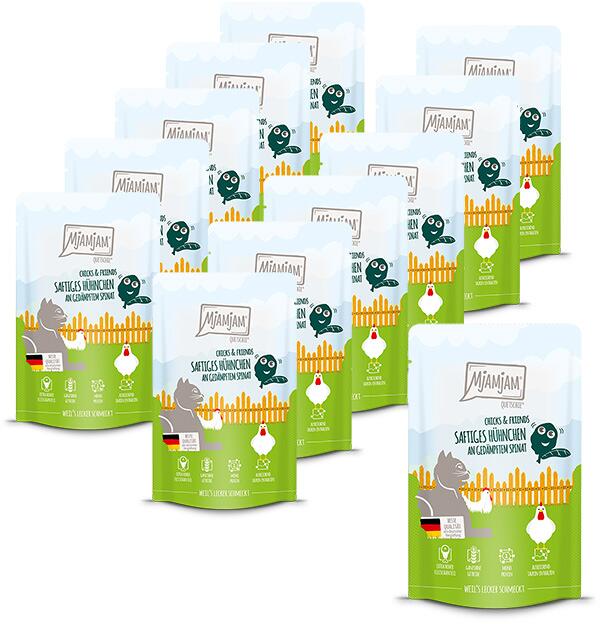 Mjamjam Chicks & Friends Katzenfutter mit Huhn & Spinat, 12x125g