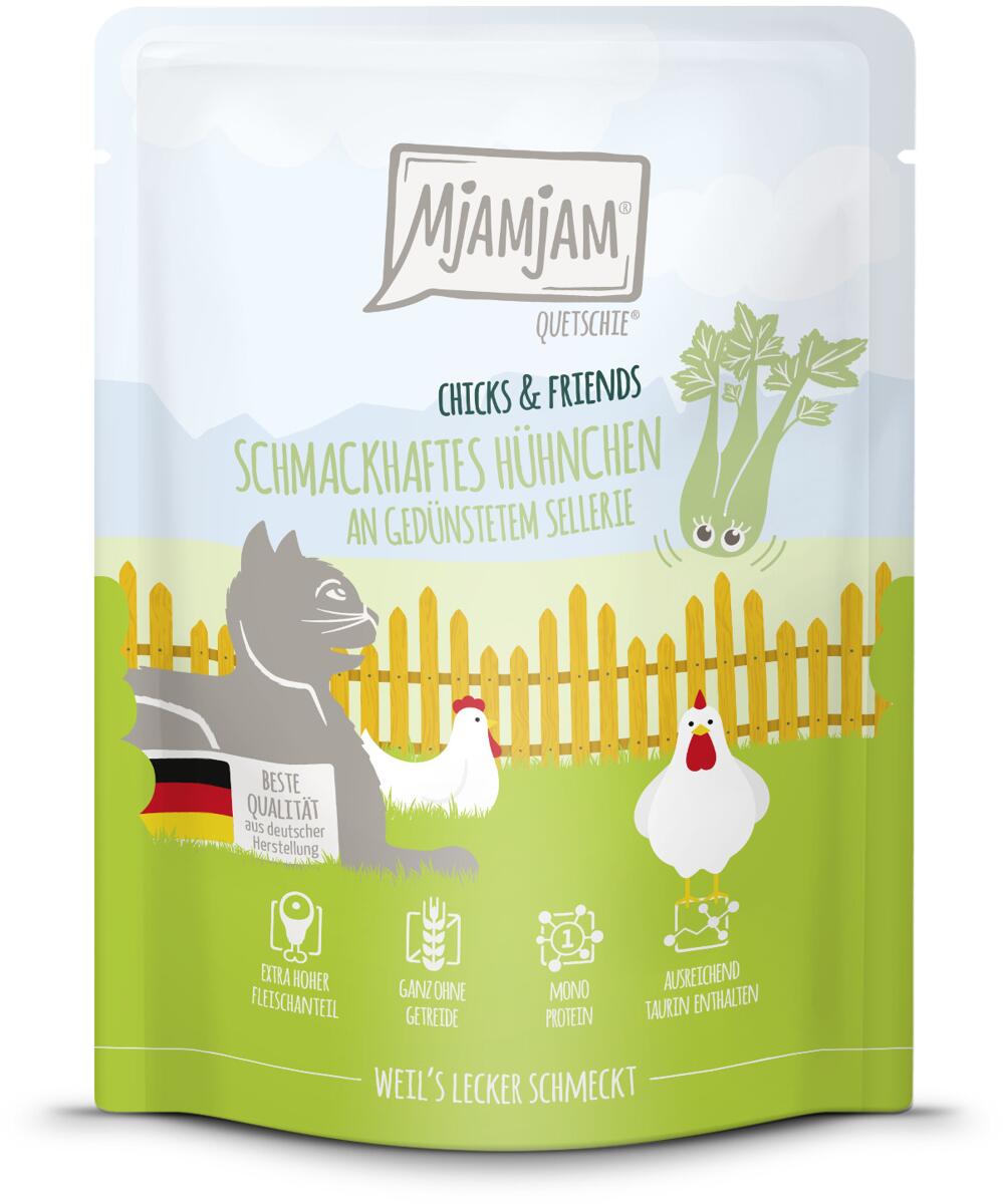 Mjamjam Chicks & Friends Katzenfutter mit Huhn & Sellerie, 6x300g