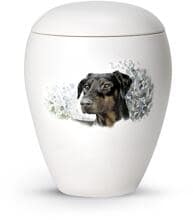 Urna funeraria per animali in ceramica Völsing, smaltata bianco opaco, con motivo Dobermann dipinto a mano, 2,8 L