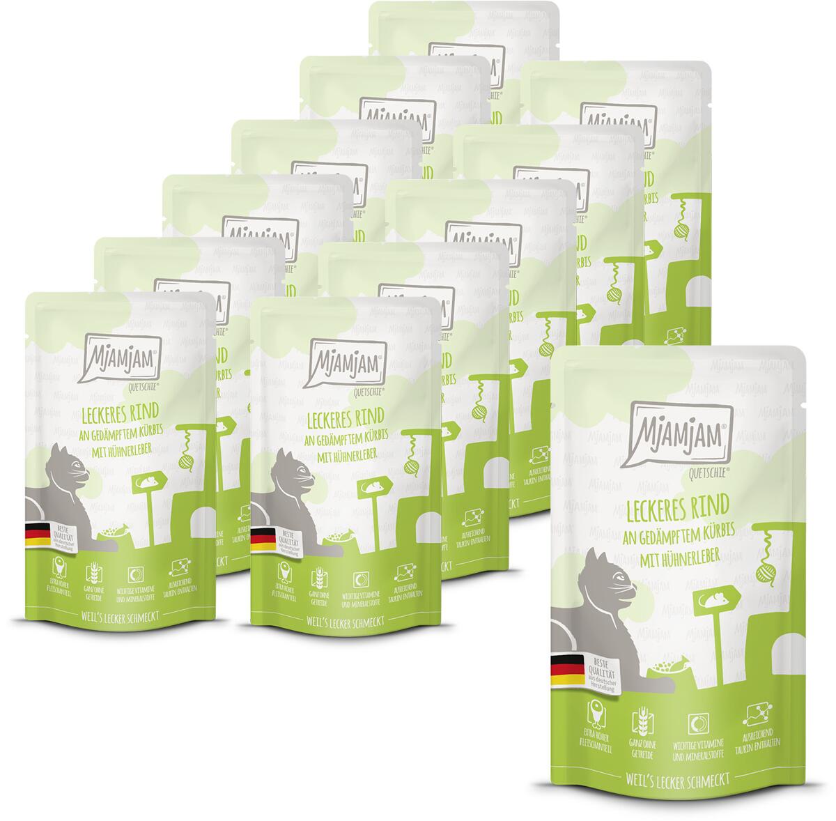 Mjamjam Quetschie Katzenfutter mit Rind & Kürbis, 12x125g