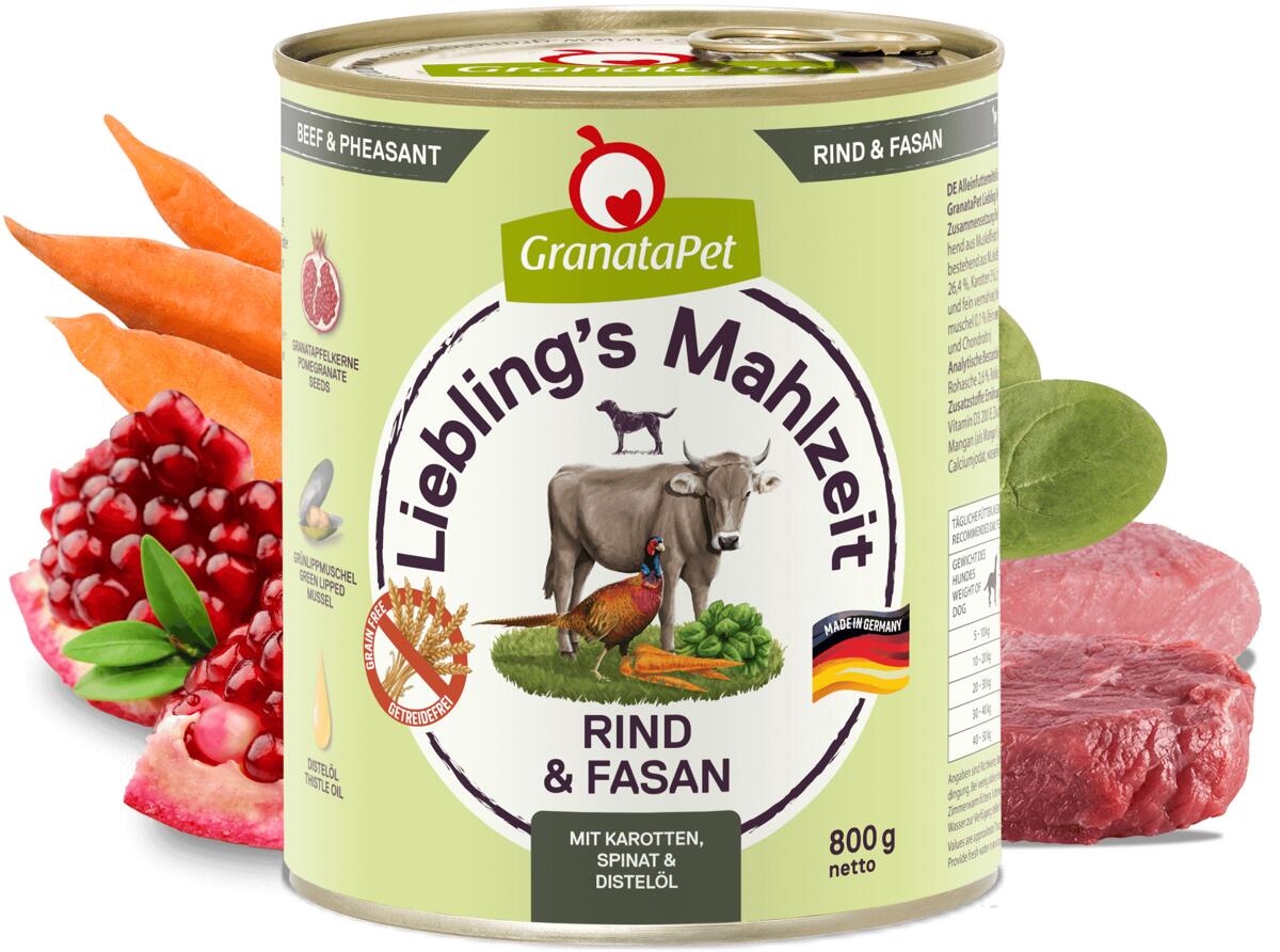 GranataPet Lieblingss Mahlzeit Nassfutter mit Rind & Fasan, 6x800g