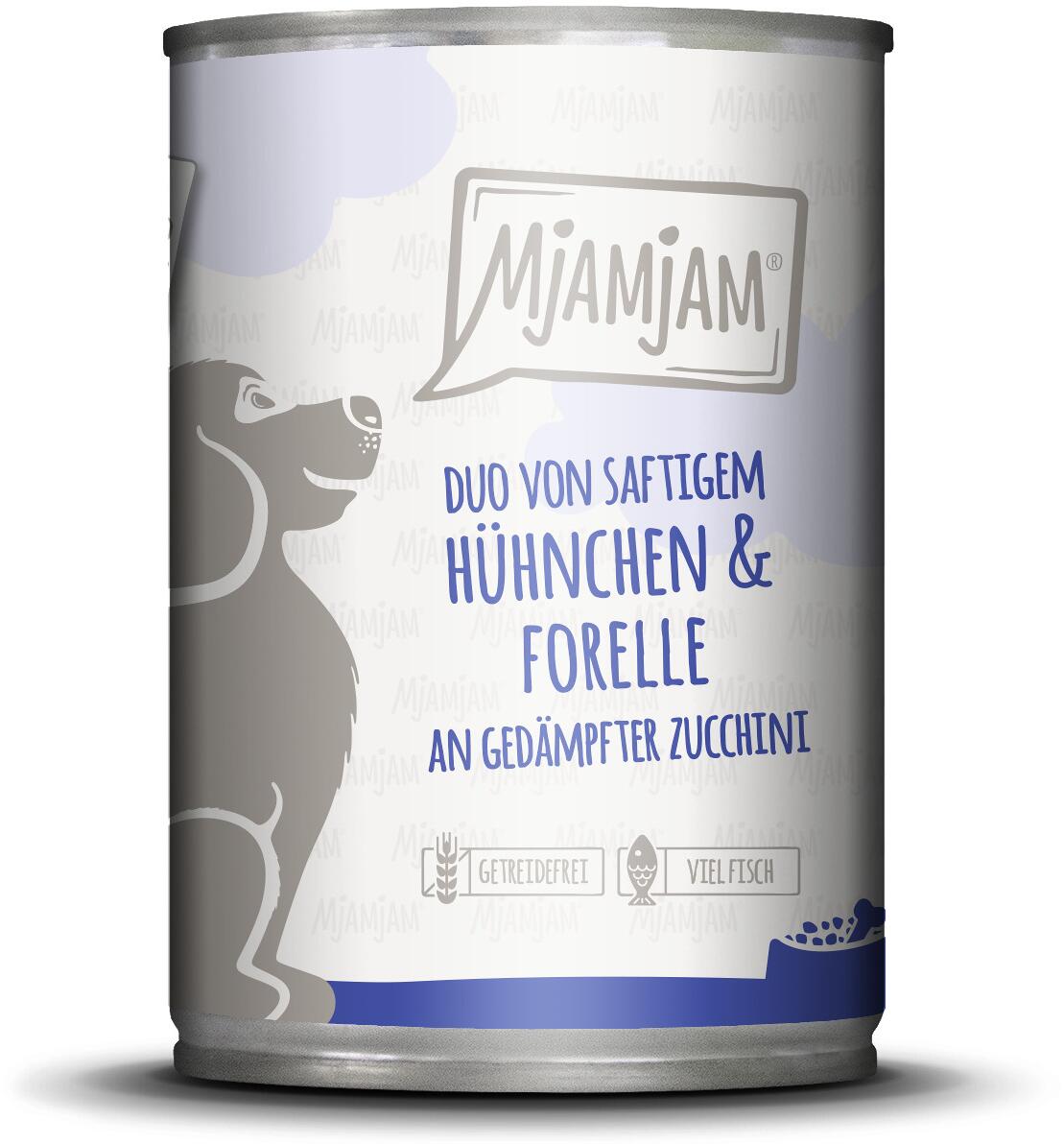 Mjamjam DUO Nassfutter mit Huhn, Forelle & Zucchini, 6x400g