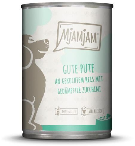 Mjamjam Nassfutter mit Pute, Reis & Zucchini, 6x400g