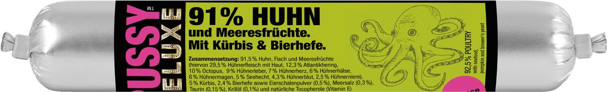 Fleischeslust Pussy Deluxe Katzenfutter, 33x100g, Huhn & Meeresfrüchte