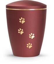 Urna per animali Völsing Patas de Oro Edition, motivi a zampe, finitura dorata spazzolata, velluto rubino, 2,8 L