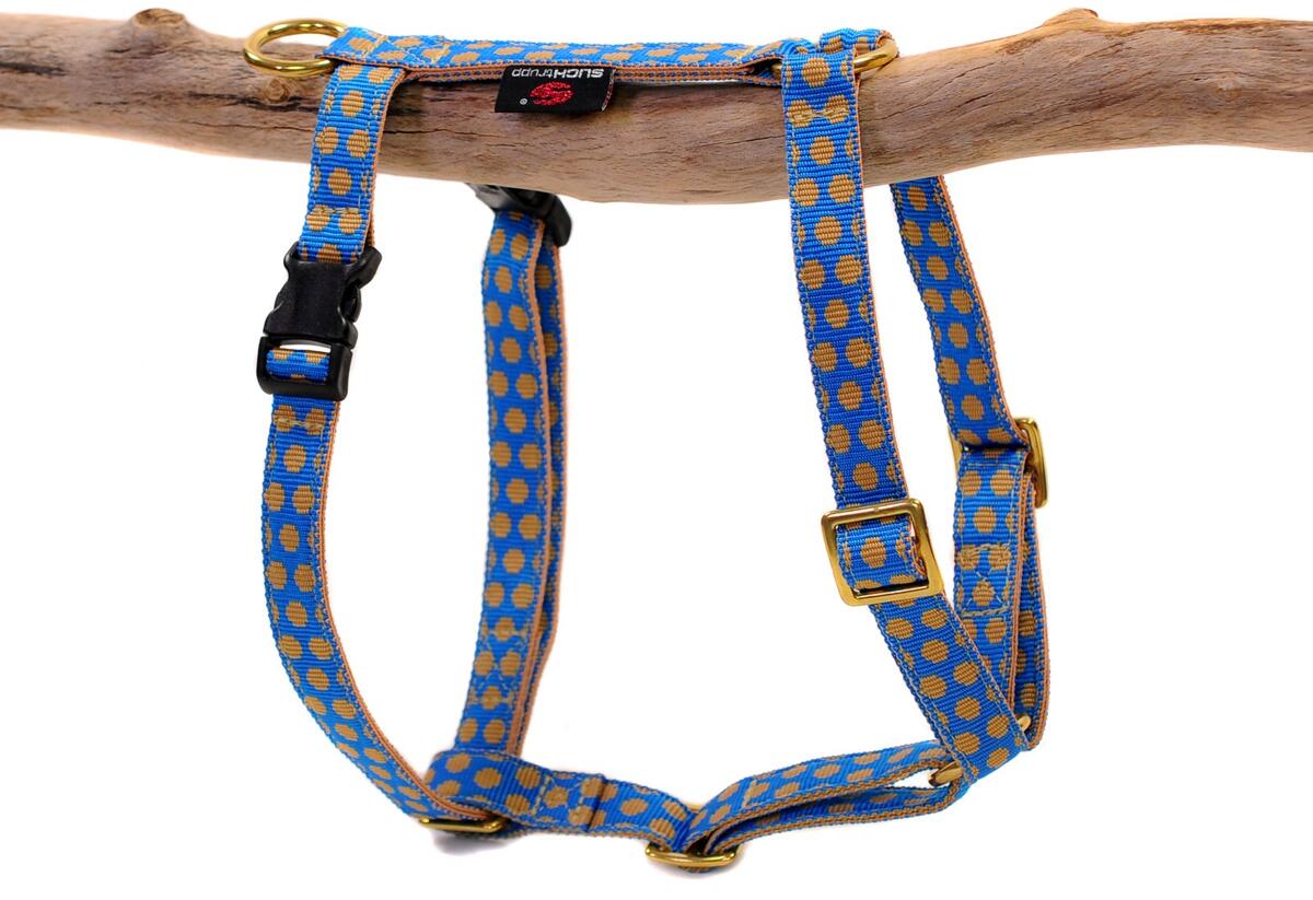 SUCHtrupp Dots Hundegeschirr, gold, blau-beige, M