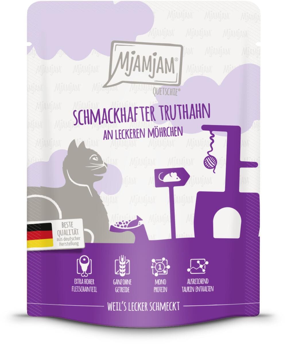 Mjamjam Quetschie Katzenfutter mit Truthahn & Möhrchen, 6x300g