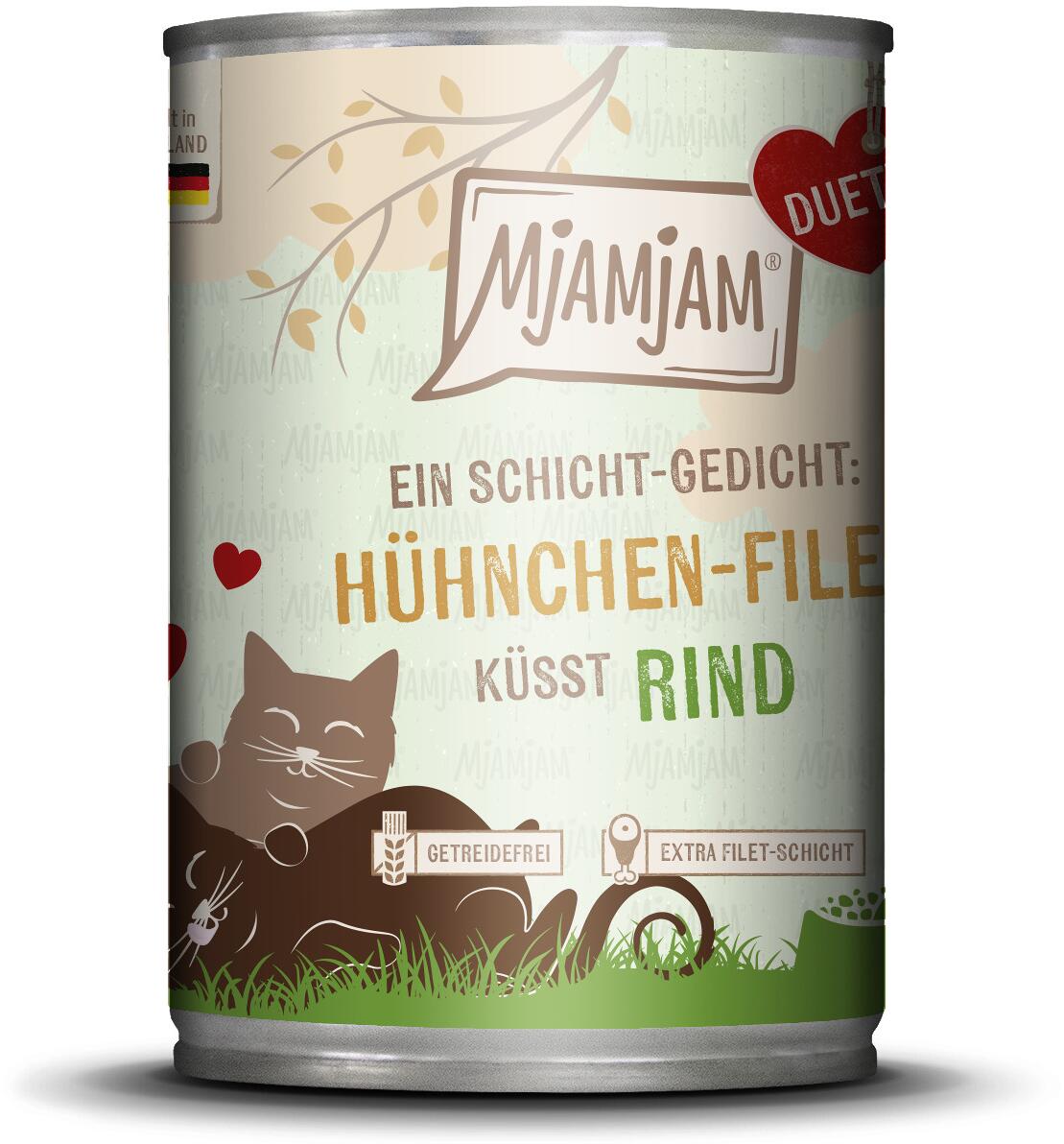 Mjamjam Duett Katzenfutter Hühnchenfilet küsst Rind, 6x390g