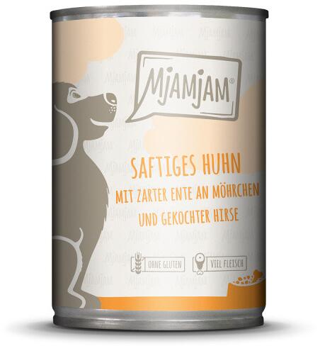 Mjamjam Nassfutter mit Huhn, Ente, Möhrchen & Hirse, 6x400g