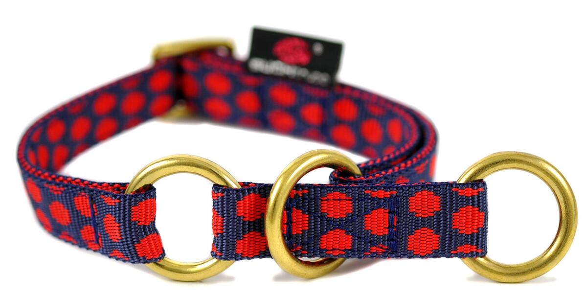 SUCHtrupp Dots Zugstopp Halsband, gold, dunkelblau-rot, S