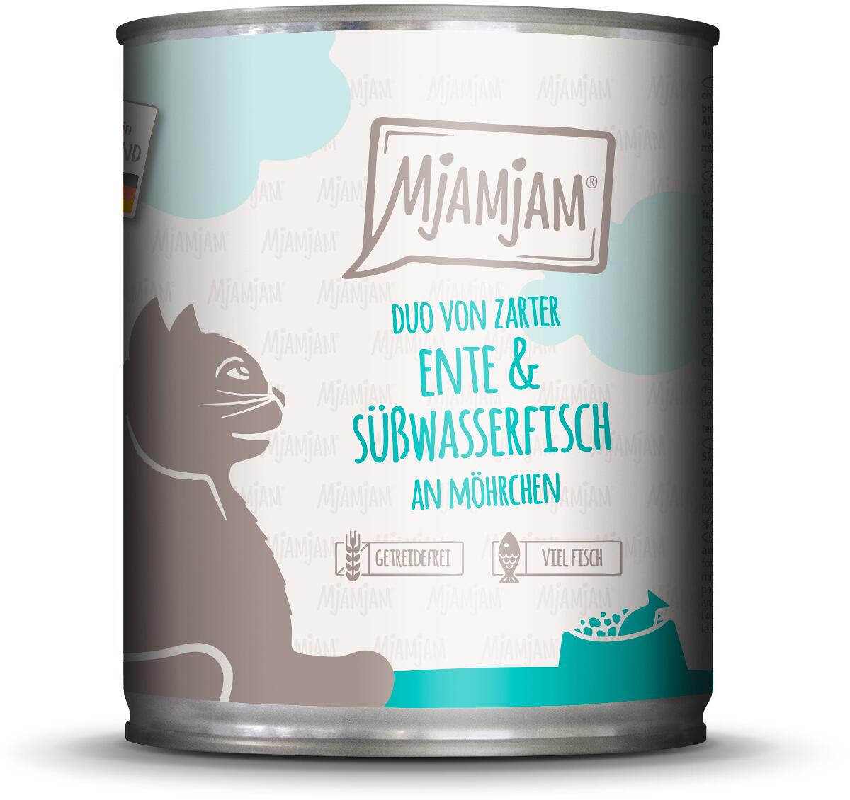 Mjamjam DUO Katzenfutter mit Ente & Süßwasserfisch, 6x800g