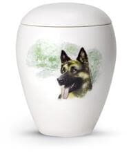 Urna funeraria per animali in ceramica Völsing, smaltata bianco opaco, con motivo raffigurante un pastore tedesco dipinto a mano, 2,8 L