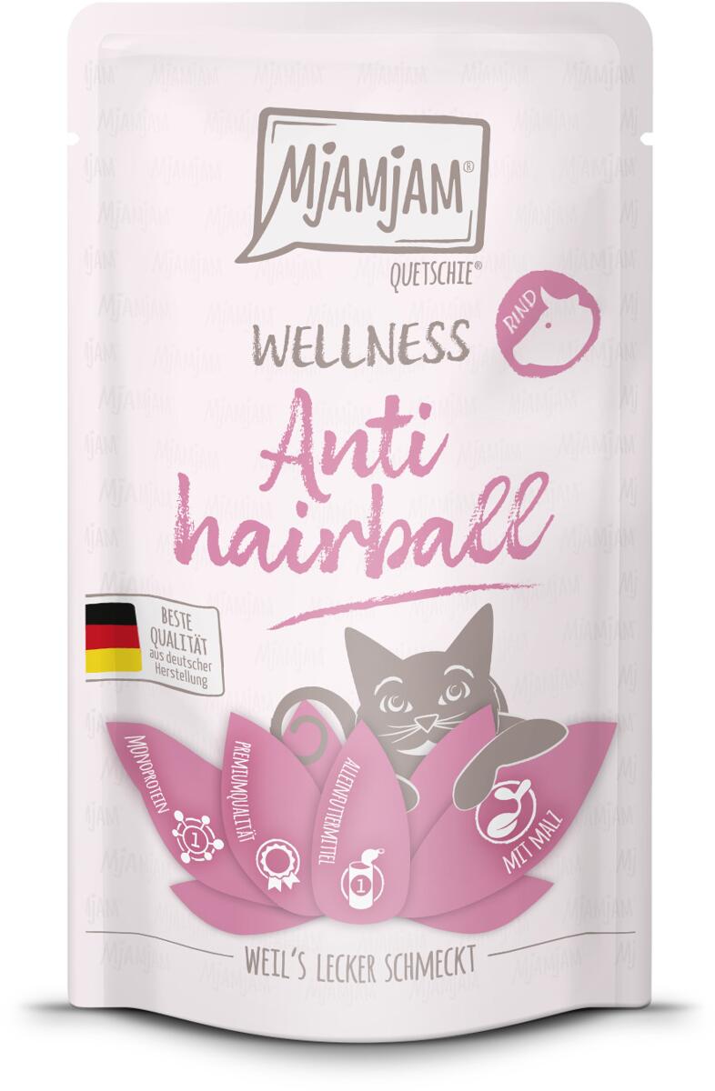 Mjamjam Wellness Anti Hairball Katzenfutter, 12x125g, Rind