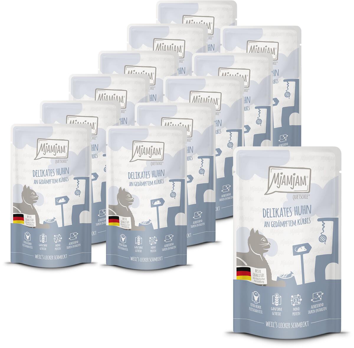Mjamjam Quetschie Katzenfutter mit Huhn & Kürbis, 12x125g