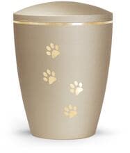 Urna per animali Völsing Patas de Oro Edition, motivi a zampe, finitura dorata spazzolata, velluto color champagne, 1,5 L