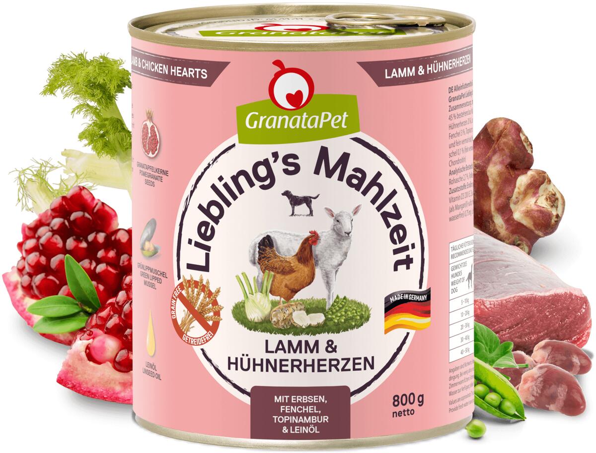 GranataPet Lieblings Mahlzeit Nassfutter mit Lamm & Hühnerherzen, 6x800g