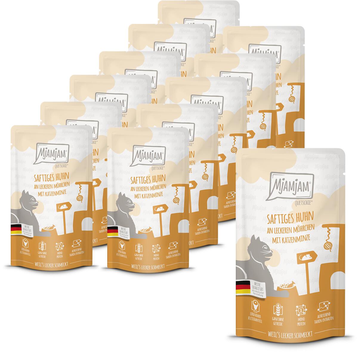 Mjamjam Quetschie Katzenfutter mit Huhn, Möhren & Minze, 12x125g